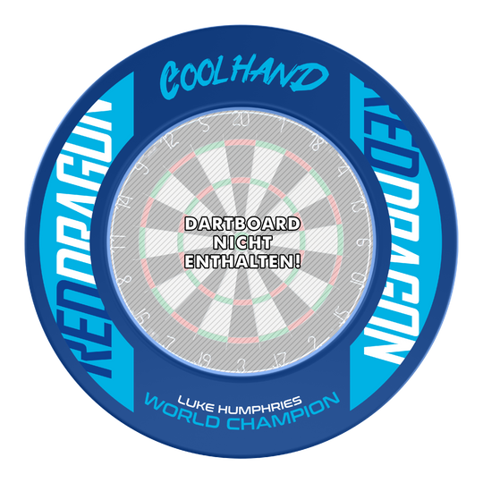 Tablero de dardos campeón del mundo Luke Humphries de Red Dragon Dies ist das Produkt "Red Dragon Luke Humphries World Champion Dartboard Surround" in blauer Farbe. In der Mitte steht: "Dartboard nicht enthalten!"