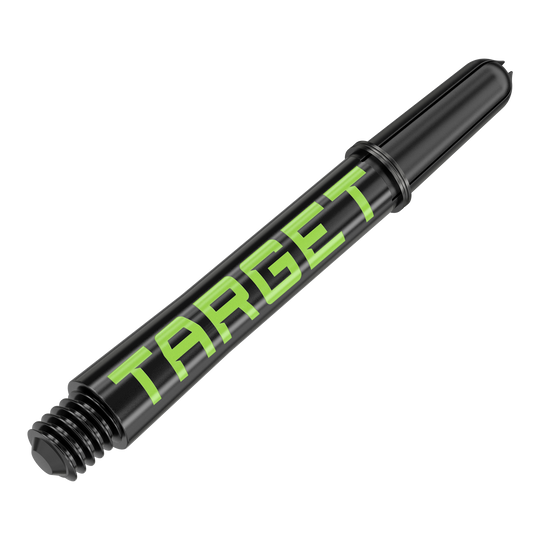 Varillas Target Pro Grip TAG - 3 juegos - Negro Verde Das Bild zeigt einen schwarzen Dart-Schaft mit grünem Schriftzug „TARGET“. Der Schaft hat ein Schraubgewinde an einem Ende.