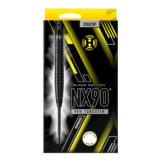 Dardos de acero de punta rápida cónica Harrows NX90 Black Edition Die Abbildung zeigt die Harrows NX90 Black Edition Tapered Quick Point Steeldarts. Sie haben eine elegante, konische Silhouette und sind komplett schwarz.