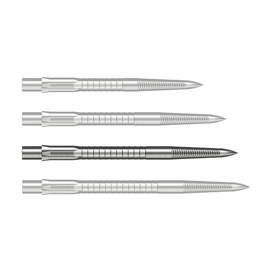 Das Bild zeigt Steeldartspitzen mit Micro Grip im Silber-Design, 36mm lang. Das Produkt ist auf weißem Hintergrund zu sehen.