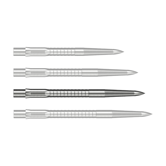 Puntas de dardo de acero Caliburn System - Micro Grip - Plateadas Das Bild zeigt Steeldartspitzen mit Micro Grip im Silber-Design, 36mm lang. Das Produkt ist auf weißem Hintergrund zu sehen.