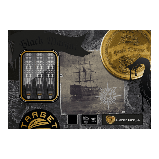 Dardos de acero Target Japan Black Marque Dancing Duck GEN 4 Die Abbildung zeigt die Verpackung der "Target Japan Black Marque Dancing Duck GEN 4 Steeldarts". Auf der Verpackung sind drei Darts, ein Schiff und ein goldener Münzen-Print zu sehen.