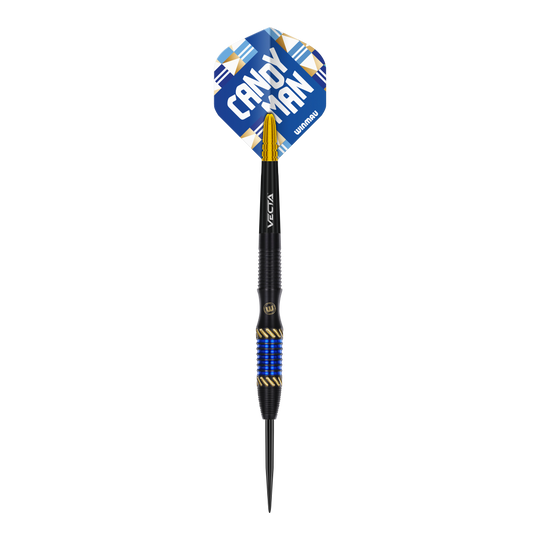 Dardos de acero Winmau Rashad Sweeting - 24 g Das Bild zeigt einen Winmau Rashad Sweeting Steeldart mit 24g Gewicht. Der Dart hat blaue und goldene Akzente sowie eine Flight mit der Aufschrift "CANDY MAN".