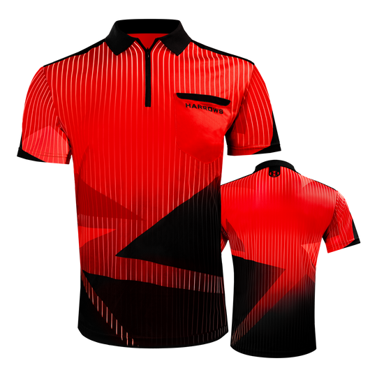 Harrows Shard Dartshirt - Rot Das Bild zeigt das Harrows Shard Dartshirt in Rot mit schwarzen und weißen Streifen sowie geometrischen Mustern. Das Shirt hat einen schwarzen Kragen und eine Brusttasche mit dem Schriftzug "HARROWS".
