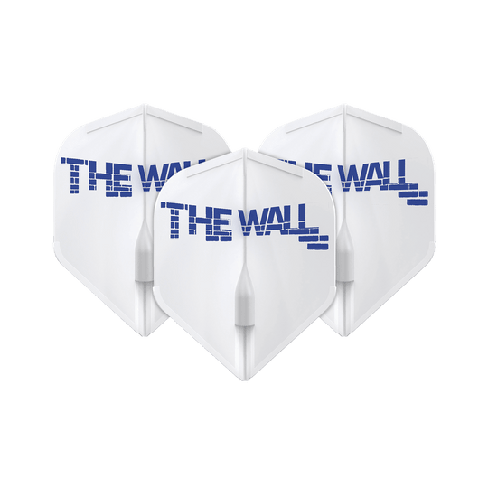 Vuelos Martin Schindler blancos estilo L1EZ Das Bild zeigt drei weiße Dart-Flights mit der blauen Aufschrift "THE WALL". Die Flights sind das Modell L-Style Martin Schindler Weiß L1EZ.