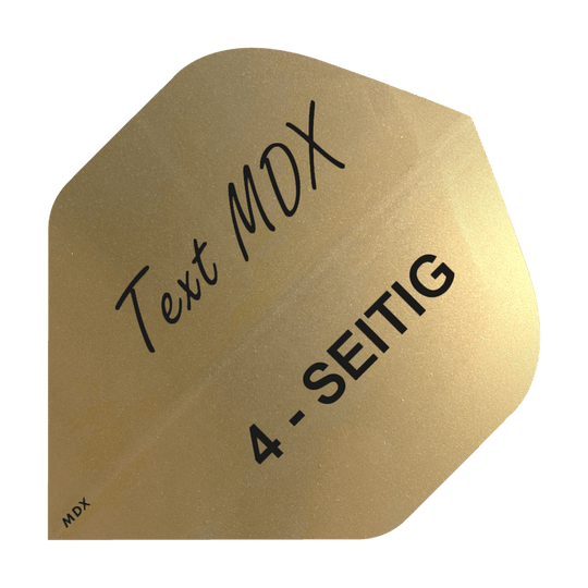 10 juegos de plumas metálicas impresas a 4 caras - texto personalizado - MDX Standard Das Bild zeigt ein goldenes Dart-Flight mit schwarzer Aufschrift. Auf dem Flight steht "Text MDX" und "4-SEITIG".