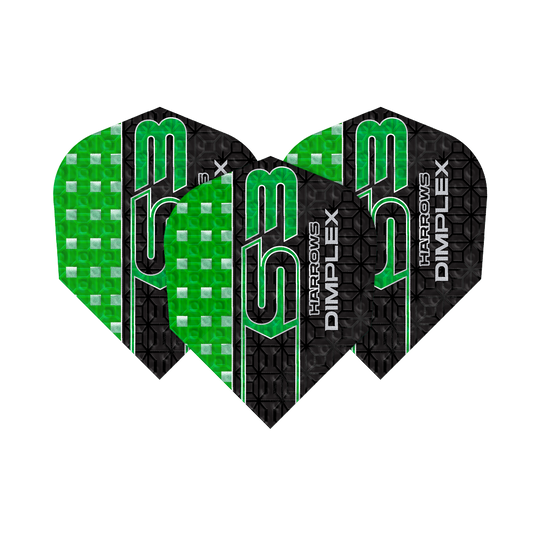 Das Bild zeigt drei grüne und schwarze Dart-Flights des Modells "Harrows Dimplex S3". Auf den Flights steht der Text "Harrows Dimplex S3" in grüner und weißer Schrift.