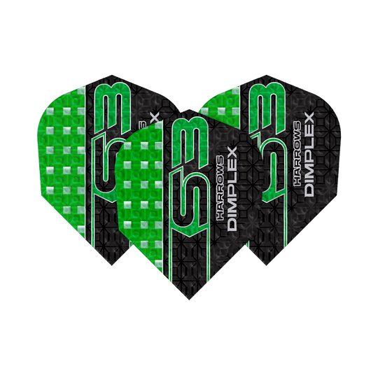 Plumas Harrows Dimplex S3 - Verde Das Bild zeigt drei grüne und schwarze Dart-Flights des Modells "Harrows Dimplex S3". Auf den Flights steht der Text "Harrows Dimplex S3" in grüner und weißer Schrift.