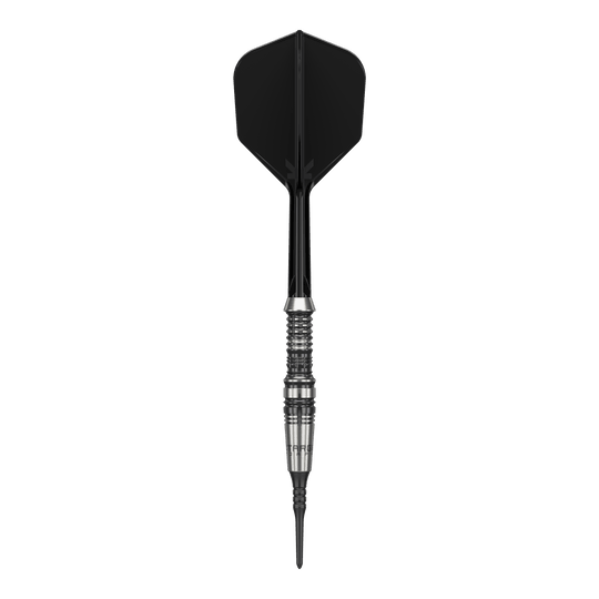 Dardos blandos Target Japan Black Marque Heracles - 18 g Das Bild zeigt einen Softdart der Marke 'Target Japan Black Marque Heracles' mit einem Gewicht von 18g. Der Dart hat ein elegantes Design mit schwarz-silbernem Barrel und schwarzer Spitze sowie Flight.