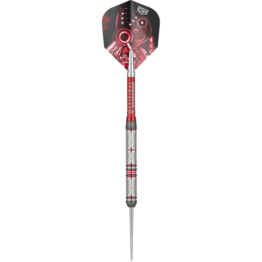 Dardos de acero DW Piranha Razor 01 Das Bild zeigt den Steeldart "DW Piranha Razor 01". Der Dart hat ein silbernes Griffstück mit roten Akzenten und eine Flight mit mechanischem Design.