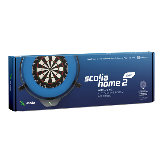 Scolia Home 2 FLEX - Sistema electrónico de autopuntuación 2026 Das Bild zeigt die Verpackung des Produkts "Scolia Home 2 FLEX – Elektronisches Punktesystem". Es ist ein automatisches Auswertungssystem für Darts.