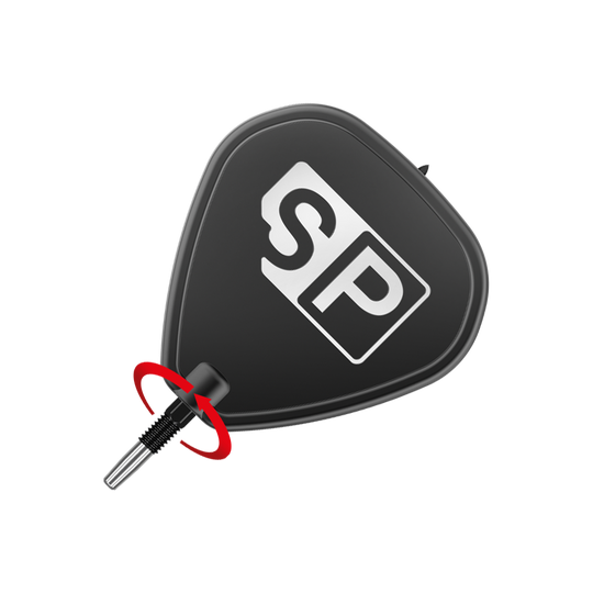 Puntas de dardos Target Swiss Point Black Das Bild zeigt eine schwarze Dartspitze mit der weißen Aufschrift "SP". Im unteren Bereich ist ein rotes Element zu sehen, das die Spitze hervorhebt.
