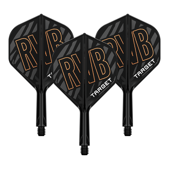Auf dem Bild sind drei schwarze Dart Flights mit dem orangefarbenen Schriftzug "RVB" zu sehen. Unten auf den Flights steht in weißer Schrift das Wort "TARGET".