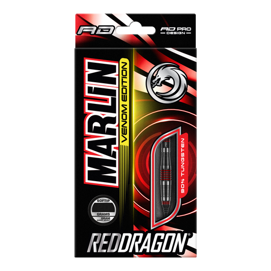 Dardos blandos Red Dragon Marlin Venom - 22 g Die Abbildung zeigt die Verpackung der "Red Dragon Marlin Venom Softdarts - 22g". Die Verpackung ist schwarz-rot gestaltet und hebt die Darts mit 90% Tungsten-Anteil hervor.