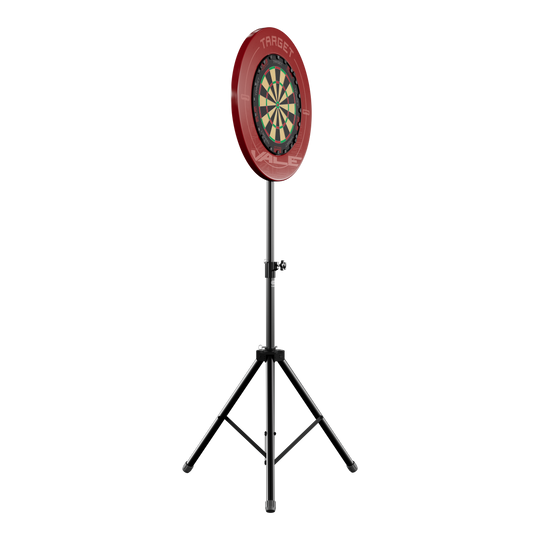Soporte para diana Das Bild zeigt einen Dartboard-Ständer mit einer runden Dartscheibe und rotem Auffangring. Der Ständer hat drei stabile Beine und ist höhenverstellbar.