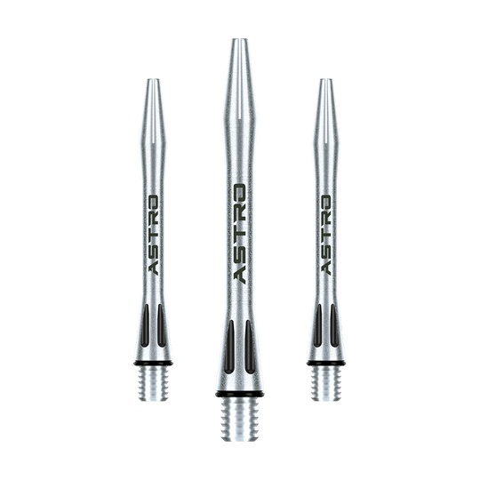7012-401_Winmau_Astro_Aluminium_Shafts_Schwarz_41mm_1 Das Bild zeigt drei silberne Winmau Astro Aluminium Shafts für Darts. Auf jedem Shaft steht das Wort "ASTRO" in schwarzer Schrift.