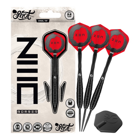 Dardos de acero Shot ZEN Bomber Turbo Point Auf dem Foto ist das Set Shot ZEN Bomber Turbo Point Steeldarts vollständig abgebildet. Dieses Set enthält alle notwendigen Darts für das Spiel.