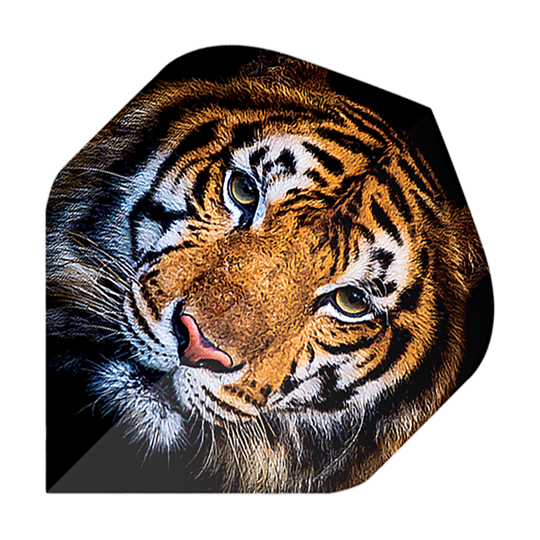 Vuelos de pentatlón Tigre Das Bild zeigt einen Dartflug mit dem Motiv eines realistisch gezeichneten Tigerkopfes. Es handelt sich um das Produkt "Pentathlon Tiger No2 Standard Flights".
