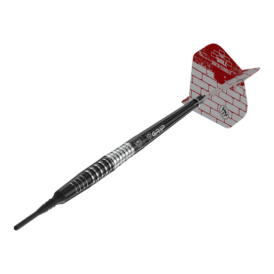 Das Bild zeigt einen Softdart aus der Serie "Bulls Martin Schindler Original Generation 3". Der Dart hat ein schwarzes und silbernes Barrel sowie eine rot-weiße Flight mit Mauerstein-Design.