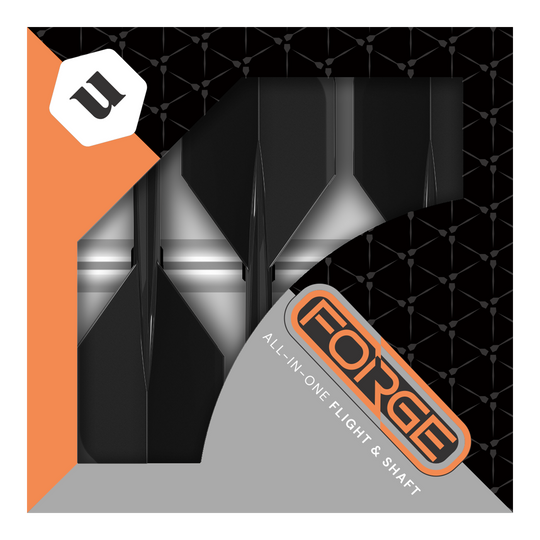 Plumas estándar Unicorn Forge All In One Plus No2, color negro (tamaño mediano) Das Bild zeigt die Verpackung der „Unicorn Forge All In One Plus No2 Standard Flights Schwarz - Medium“. In der Packung sind schwarze Dart-Flights und -Shafts zusammen als Set zu sehen.
