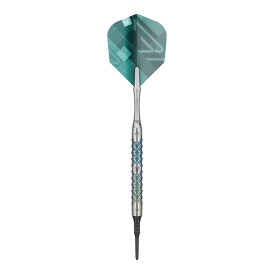Dardos blandos Target Rove 10 Das Bild zeigt einen einzelnen Softdart der Marke Target Rove 10. Der Dart hat ein silbernes Griffstück mit farbigen Akzenten und grüne Flights.