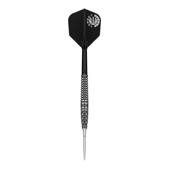 Dardos de acero Target Japan Paul Lim The Legend GEN8 Swiss Point de 24 g Auf dem Bild ist ein schwarzer Steeldartpfeil mit silbernen Akzenten zu sehen. Es handelt sich um das Modell "Target Japan Paul Lim The Legend GEN8 Swiss Point" mit 24g.