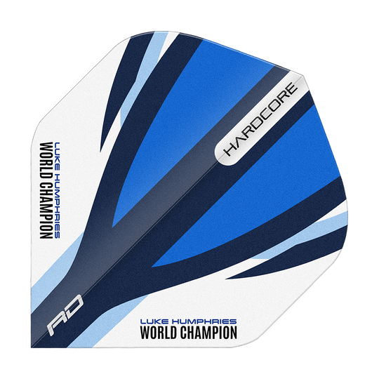 Vuelos estándar Red Dragon Hardcore Luke Humphries Azul Blanco Das Bild zeigt einen Dart-Flight in den Farben Blau, Weiß und Schwarz mit dem Aufdruck "LUKE HUMPHRIES WORLD CHAMPION". Auf dem Flight stehen außerdem die Wörter "HARDCORE" und "RD".