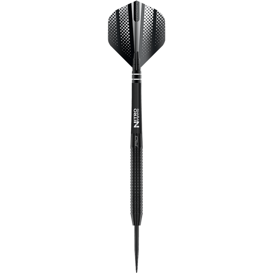 Dardos de acero negros Red Dragon Razor Edge Das Bild zeigt einen schwarzen Steeldart mit dem Namen "Red Dragon Razor Edge". Der Dart hat ein modernes Design mit geriffeltem Griff und schwarzer Spitze.