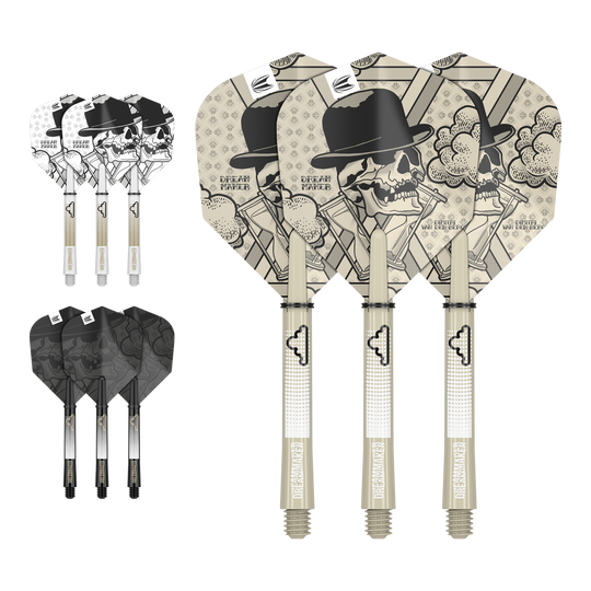 Kit de eje de vuelo Target Ink de Dimitri Van Den Bergh Auf dem Bild sind drei Dartflights mit Schädel- und Hutdesign sowie der Aufschrift "Dream Maker" zu sehen. Zusätzlich gibt es zwei weitere Sätze Flights in verschiedenen Farben, jeweils mit passenden Shafts.