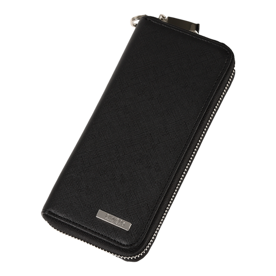 Caso de negocio Cameo Pro3 Die Abbildung zeigt ein elegantes, schwarzes Etui mit Reißverschluss. Auf der Vorderseite befindet sich eine kleine silberne Plakette mit der Aufschrift "CAMEO".