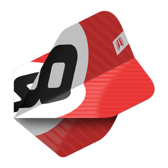337210_Target_ProUltra_3Sets_Chicane_Red_No2_Standard_Flights_22uLGW3cBR1ukZ Das Bild zeigt das Produkt "Target Pro Ultra Chicane Red No2 Standard Flights - 3 Sets". Die Flights sind überwiegend rot mit einem auffälligen schwarzen und weißen Design.
