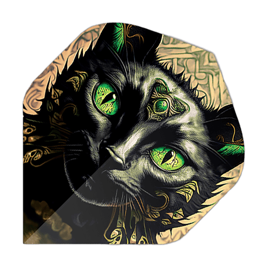 Vuelos de pentatlón Cat Das Bild zeigt ein Dartflight mit dem Motiv eines schwarzen Katers mit leuchtend grünen Augen. Die Details und Ornamente auf dem Katzenkopf geben dem Flight ein auffälliges, künstlerisches Design.