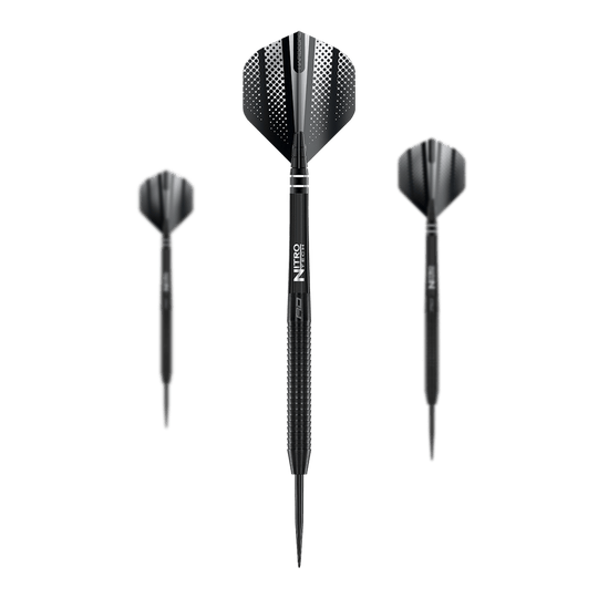 Dardos de acero negros Red Dragon Razor Edge Das Bild zeigt drei Red Dragon Razor Edge Black Steeldarts. Die Darts sind schwarz und haben ein modernes, punktiertes Design auf den Flights.