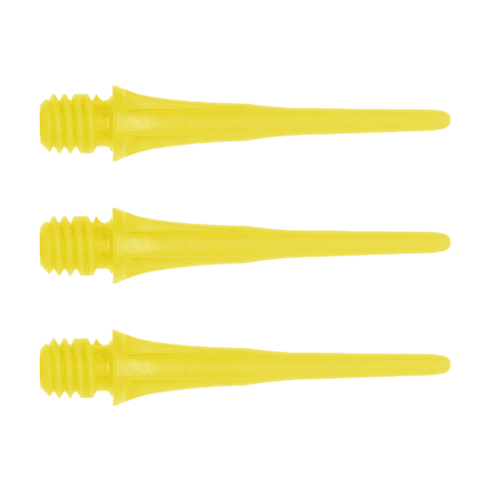 X9052_Cosmo_Fit_Point_Plus_2BA_Spitzen_Gelb_1KftpkLJxaSQnY Das Bild zeigt drei gelbe Dartspitzen mit Gewinde. Es handelt sich um das Produkt "Cosmo Fit Point Plus 2BA Spitzen 25mm (50er Pack)".