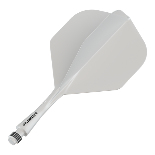 Sistema de eje de vuelo Winmau Fusion blanco estándar Das Bild zeigt ein weißes Dartflug- und Schaftsystem. Auf dem Schaft ist das Wort "FUSION" zu sehen.