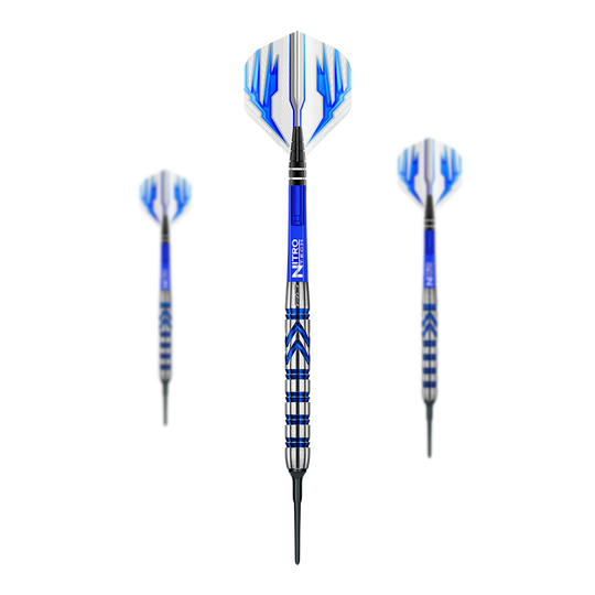 Dardos blandos Red Dragon Gerwyn Price Iceman Auf dem Bild sind drei Softdarts des Modells "Red Dragon Gerwyn Price Iceman" zu sehen. Die Darts haben blaue und silberne Akzente sowie blau-weiße Flights.