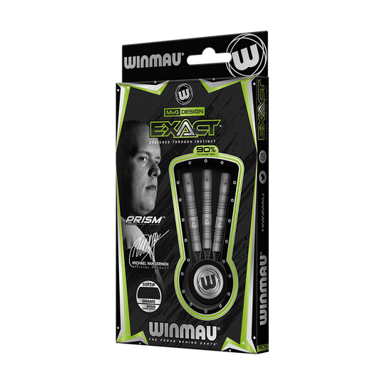 2448_Winmau_Michael_Van_Gerwen_Exact_Softdarts_3 Die Abbildung zeigt die Verpackung der "Winmau Michael Van Gerwen Exact Softdarts". In der Packung sind drei hochwertige Softdarts mit 90% Tungsten-Anteil enthalten.