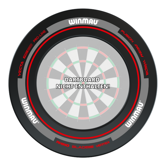 Marco para diana Winmau Advance - Negro Rojo Das Bild zeigt das Produkt "Winmau Advance Dartboard Surround" in Schwarz und Rot. In der Mitte steht der Hinweis: "Dartboard nicht enthalten!"