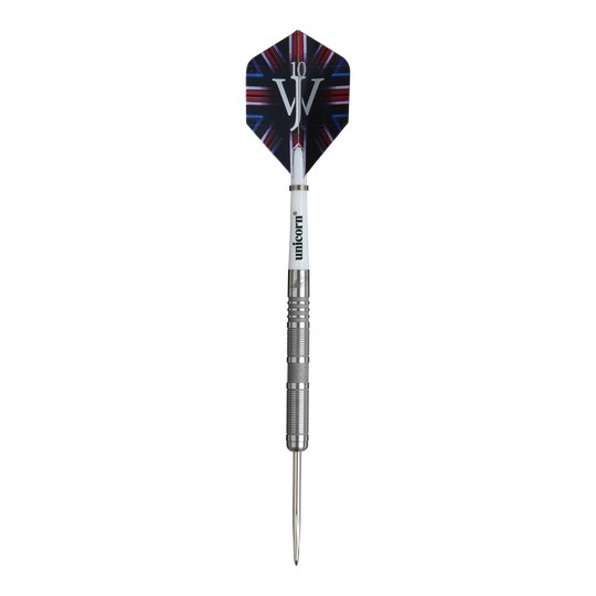 Dardos de acero Unicorn James Wade The Machine Range Phase 4 Das Bild zeigt einen Steeldartpfeil aus der Produktreihe „Unicorn James Wade The Machine Range Phase 4“. Der Dartpfeil hat eine silberne Spitze und einen Flight mit buntem Design und den Buchstaben „JW“.