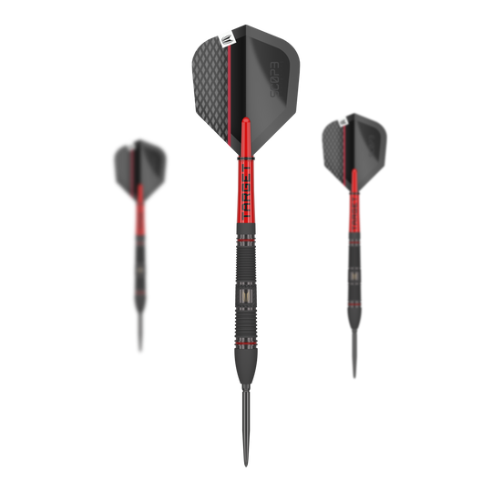 Dardos de acero Target Scope 02 Swiss Point Auf dem Bild sind drei Target Scope 02 Swiss Point Steeldarts zu sehen. Die Darts haben ein modernes Design in Schwarz und Rot mit strukturierten Flights.