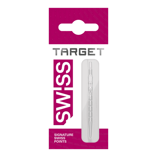 Puntas de dardo de acero Target Signature Swiss Point TRB - plateadas Drei silberne Dartspitzen mit 42 mm Länge sind abgebildet. Das sind Target SwissPoint Signature TRB Dartspitzen.