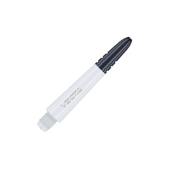 7025-102_Winmau_Vecta_Shafts_Weiss_34mm_2 Abgebildet ist ein weißer Winmau Vecta Shaft. Der Dartschafthalter hat ein schwarzes Ende und die Aufschrift "VECTA".