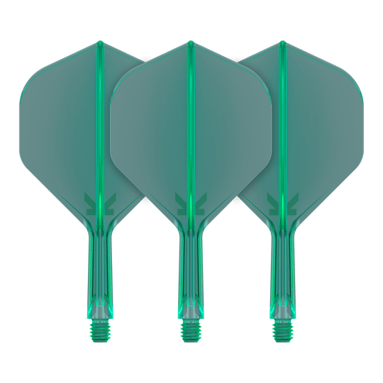 Sistema de vuelo estándar Target K-Flex No2 - Verde In der Aufnahme werden Dart-Flights mit klarer Linienführung gezeigt. Zwei Flights sind im Bild nebeneinander positioniert.