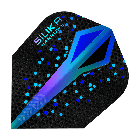 Plumas Harrows Silika Colourshift Tough Crystalline Coating Blue No6 Das Bild zeigt einen Harrows Silika Colourshift Tough Crystalline Coating Blue No6 Flight. Das Design ist schwarz mit blauen und türkisfarbenen Akzenten und einem schimmernden Muster.