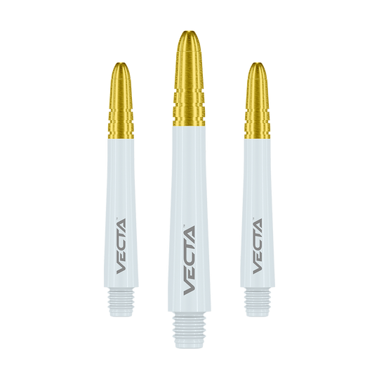 Das Bild zeigt drei Dartschäfte mit goldfarbenem Kopf und weißem Körper. Auf jedem Schaft steht das Wort "VECTA" in grauer Schrift.
