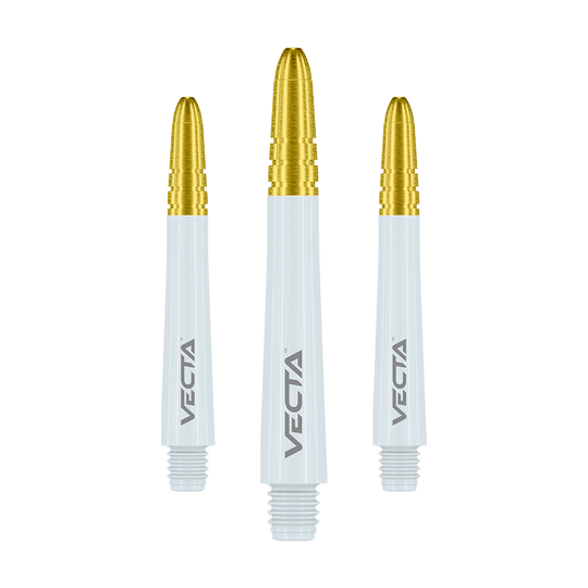 Winmau Vecta Shafts - Weiß Gold Das Bild zeigt drei Dartschäfte mit goldfarbenem Kopf und weißem Körper. Auf jedem Schaft steht das Wort "VECTA" in grauer Schrift.