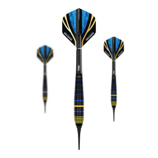 Dardos blandos de latón Red Dragon Luke Humphries, campeón mundial, 20 g Das Bild zeigt drei Softdarts des Modells "Red Dragon Luke Humphries World Champion Brass Softdarts - 20g". Die Darts haben schwarze, blaue und gelbe Farbakzente sowie Flights mit blauen und goldenen Details.