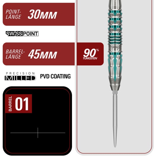 Zu sehen sind die Target Japan Black Marque Pierce Swiss Point Steeldarts. Die Darts überzeugen durch ihr modernes Design.