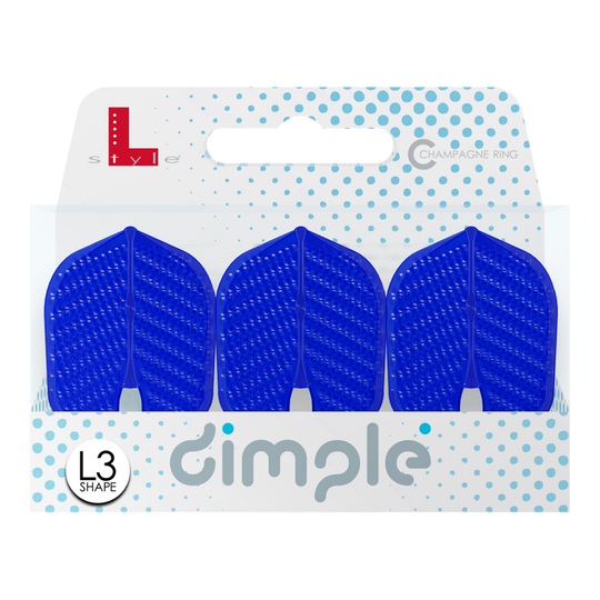 Das Bild zeigt eine Verpackung mit drei blauen L-Style Flights Dimple in L3PRO Form. Auf der Verpackung steht „dimple“ und es ist das L3 Shape Symbol abgebildet.
