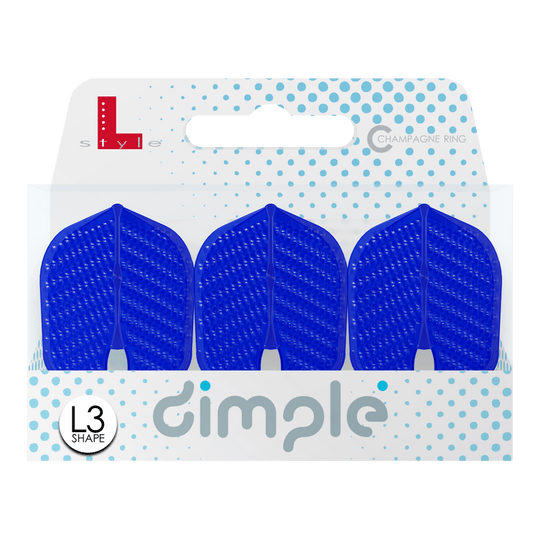 L-Style Flights Dimple Champagne L3PRO Shape Das Bild zeigt eine Verpackung mit drei blauen L-Style Flights Dimple in L3PRO Form. Auf der Verpackung steht „dimple“ und es ist das L3 Shape Symbol abgebildet.